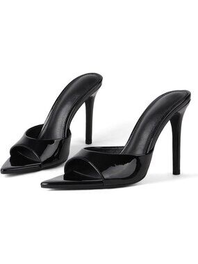 Women's Black Sandals Open Toe Stiletto High Heels Mules Slip On Patent Shoes
